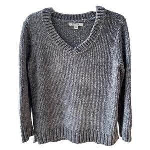 Orvis Chenille Soft Corduroy Ribbed V Neck Cozy Grey Sweater, Size S